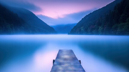 Poster -   A dock nestled amidst a serene body of water, surrounded by majestic mountains and bathed in the glow of a tranquil sunset