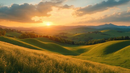 Wall Mural - Scenic countryside with rolling hills and a sunset