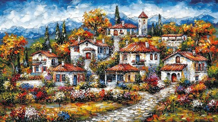 Wall Mural -   A painting depicts a house atop a hill, surrounded by trees and vibrant flowers, against a backdrop of azure sky