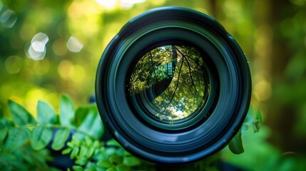 A photograph of shot showing a camera lens up close, wide angle lens, stories and growth reflected in the lens, green generative ai