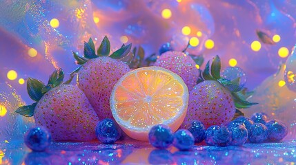 Canvas Print -   A cluster of fruits resting atop a blue-purple countertop alongside a heap of blueberries