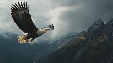 Sticker -   A Bald Eagle Soaring Over Mountain Ranges with Cloudy Skies