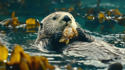 Canvas Print -   Sea otter eating in water with other animals