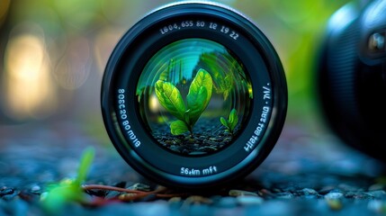 A photograph of shot showing a camera lens up close, wide angle lens, stories and growth reflected in the lens, green generative ai