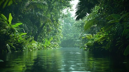 Canvas Print -   Water surrounded by green trees on either side, with a boat in the center