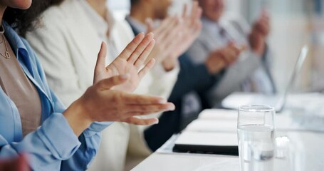 Wall Mural - Hands, applause and business people in office with good news, achievement or success. Presentation, clapping hands and project management employees in meeting for celebration in workplace boardroom