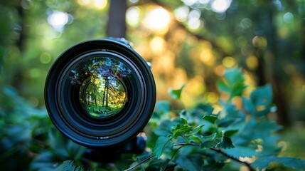 A photograph of shot showing a camera lens up close, wide angle lens, stories and growth reflected in the lens, green generative ai