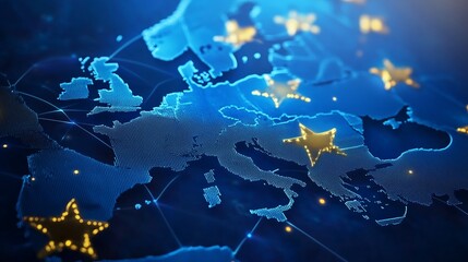 Poster - Digital map of Europe with illuminated stars representing member states and connections during twilight hours