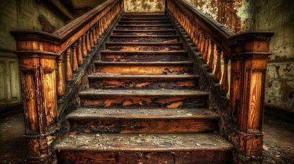 Sticker -   Old stairs in dilapidated building, peeling paint on walls, worn-out surface