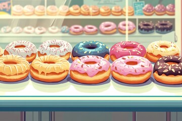 bakery scene with variety of cream filled doughnuts on display behind a glass counter, with a focus on the vibrant colors and textures of the donuts, and a clean, uncluttered background