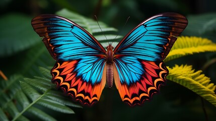 Wall Mural - Vibrant patterns on the wings of a tropical butterfly, highlighting the intricate and colorful details of its natural design.