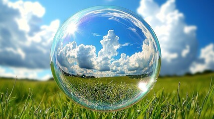   A bubble of soap rests amidst a sea of green grass, nestled beneath a blue canopy adorned with fluffy clouds