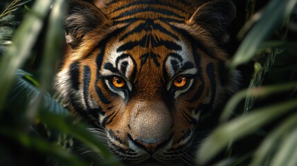 Poster - A close-up of a tiger with piercing eyes in the dense jungle