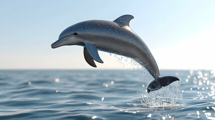 A dolphin leaps from the ocean, its sleek body illuminated by the sun.