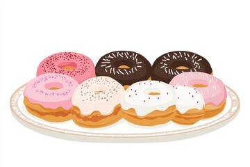 Flat illustration of selection of cream-filled donuts in various flavors (such as vanilla, chocolate, and strawberry), arranged on decorative tray with a clean and modern design