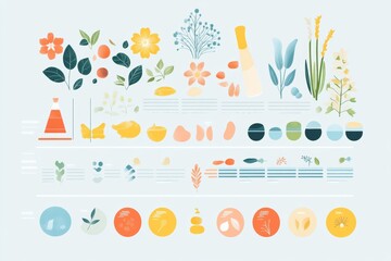 sensory experience chart representing different tastes (sweet, salty, sour, bitter, umami) and smells (spices, flowers, herbs), clean and minimal background flat illustration