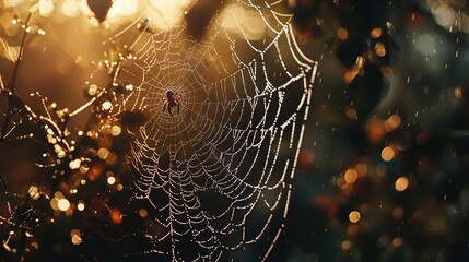 Wall Mural -   Spider web glistening with water droplets against sunlight on a tree