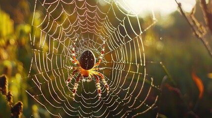 Wall Mural -   A spider sits on its dewy web, surrounded by dewy fields