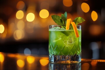 stylish cocktail glass filled with vibrant green Creme de Menthe cocktail, garnished with a mint leaf and a twist of citrus peel, set on a polished bar counter with elegant glassware and soft lighting