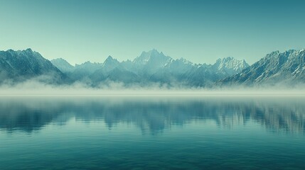 Canvas Print -   A large body of water with a mountain range behind, and foggy skies over and in front of it, contains a boat in the foreground