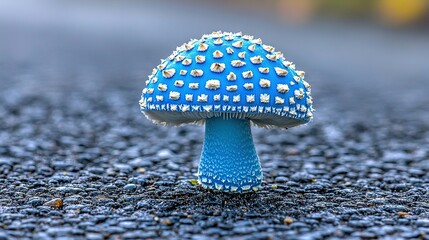 Sticker -   A blue and white mushroom sits atop black gravel, dotted with small white spots