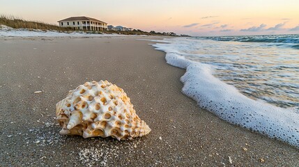 Wall Mural -   A seashell rests atop a sandy shore, near the ocean and a house beyond it