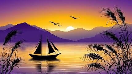 Wall Mural -   A sailboat glides on water with a soaring bird above and majestic mountains in the backdrop