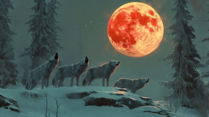 Wall Mural - A pack of wolves howling at the full moon in a snowy forest