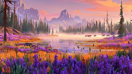 Poster -   A stunning painting depicts a majestic mountain lake surrounded by vibrant wildflowers in the foreground while horses gracefully roam in the distant background