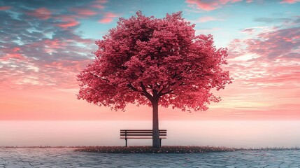 Canvas Print -   A bench sits beneath a tree in the center of a field, surrounded by a pink sky and fluffy clouds