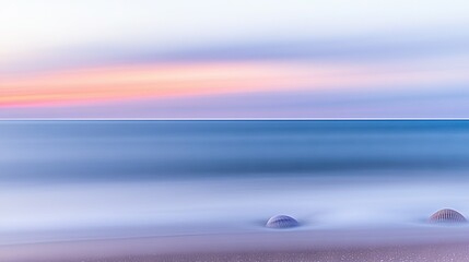   A sharp image of a serene beach scene featuring two distinct seashells in close focus and an enchanting sunset in the backdrop