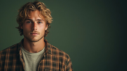 Young Man in Casual Attire with Blonde Hair - Stylish Portrait on Green Background