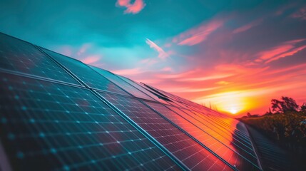 Close-up of solar panels reflecting a colorful sunset.