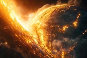 Burning planet exploding in outer space with fire and magma