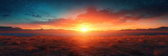 Wall Mural - A fiery sunset illuminates a vast field of solar panels, promising a bright future of renewable energy.