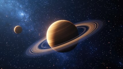 Wall Mural - stylized depiction of a planet with rings, possibly saturn, accompanied by a moon and set against a 