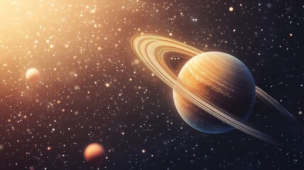 Wall Mural - stylized depiction of a planet with rings, possibly saturn, accompanied by a moon and set against a 