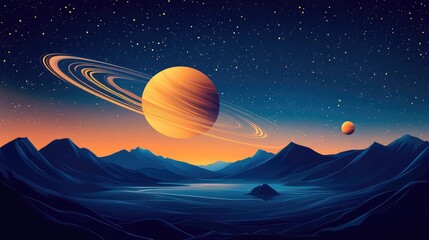 Wall Mural - stylized depiction of a planet with rings, possibly saturn, accompanied by a moon and set against a 