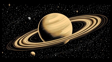 Wall Mural - stylized depiction of a planet with rings, possibly saturn, accompanied by a moon and set against a 