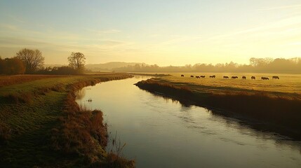 Canvas Print -   A group of cows grazes peacefully in a verdant meadow by a flowing river, surrounded by expansive green space