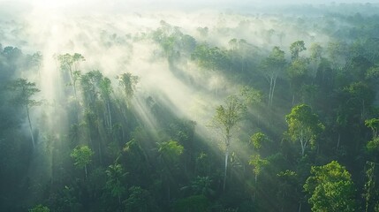 Canvas Print -   A dense woodland brimming with numerous trees bathed in golden sunlight and shrouded in ethereal fog emanating from their peaks