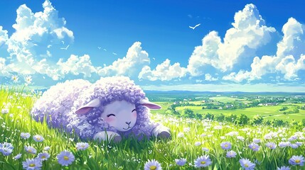 Canvas Print -   A sheep lays in daisies, beneath a blue sky and cloudy backdrop