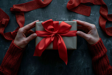 A warm and festive scene showing hands holding a beautifully wrapped gift box with a red ribbon, symbolizing giving and celebration.