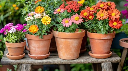 Sticker -   A group of potted plants arranged on a wooden table with other potted plants nearby