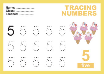  Trace and write number for children. Exercise for children to recognize the number. Educational worksheet for preschool. Vector file.
