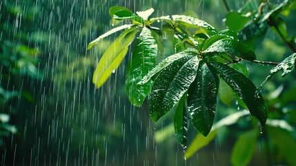 Poster -   A focused image of a green foliage tree during precipitation, with a hazy backdrop of trees and leaves