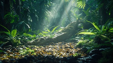 Wall Mural -   A sunbeam pierces through the heart of the dense foliage, casting its golden rays upon a fallen tree trunk