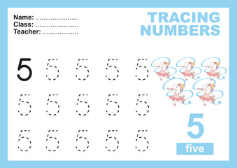  Trace and write number for children. Exercise for children to recognize the number. Educational worksheet for preschool. Vector file.