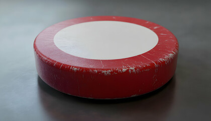 Worn red and white hockey puck isolated on grey background.