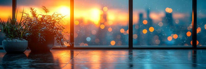 Canvas Print - Two potted plants sit by a window with a view of a sunset over a city.